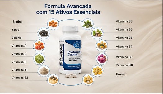 Composição visual da fórmula RELARONE com 15 ativos