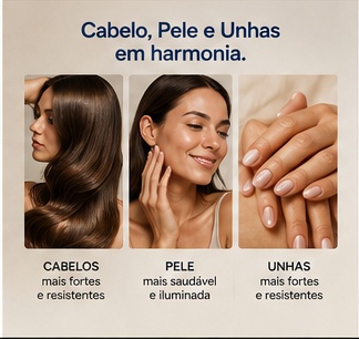 Cabelo, pele e unhas representados em três áreas de cuidado